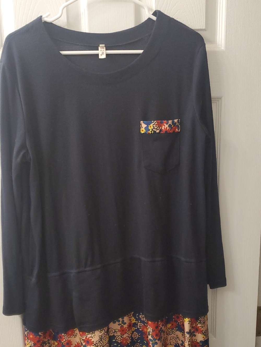 Source Unknown Navy Long Sleeve Top with Floral Trim